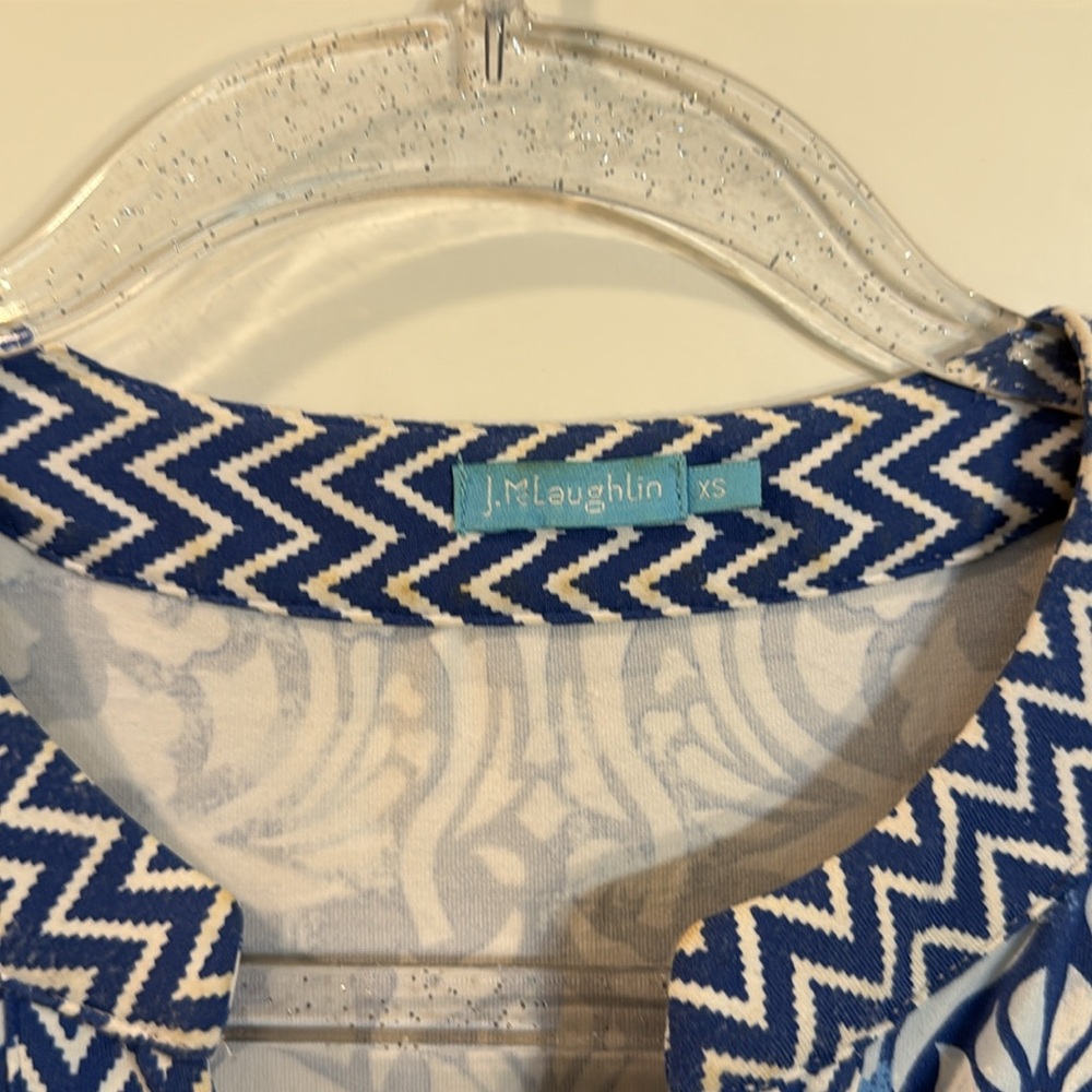 J. McLaughlin Lola Dress Catalina Cloth Blue White Chevron 3/4 Sleeves XS - Picture 2 of 7